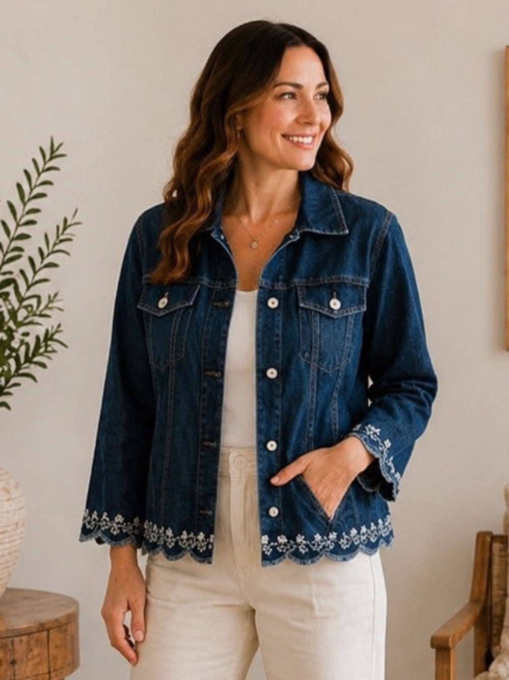 Christopher & Banks Dark Blue Denim Jacket with Scalloped Embroidered Hem Size S